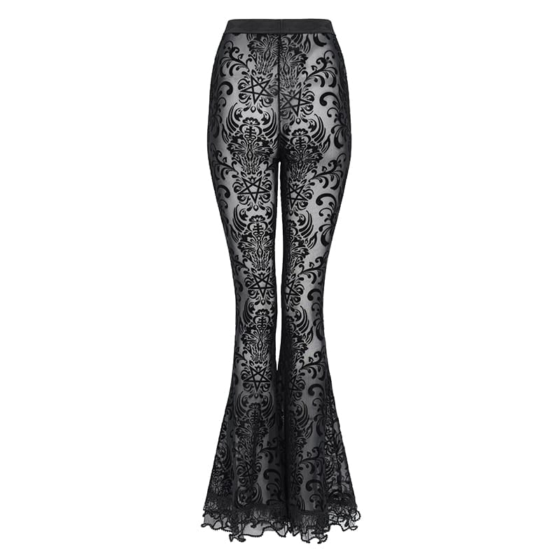 EVA LADY Women's Gothic Mesh Floral Pentacle Flocked Ruffled Flare Pants