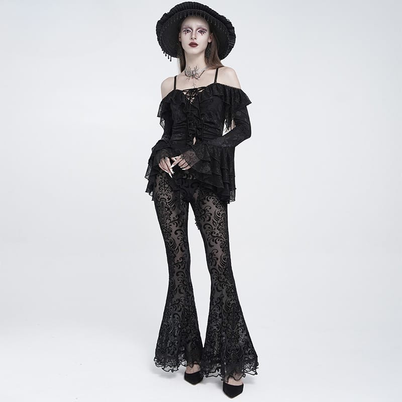 EVA LADY Women's Gothic Mesh Floral Pentacle Flocked Ruffled Flare Pants