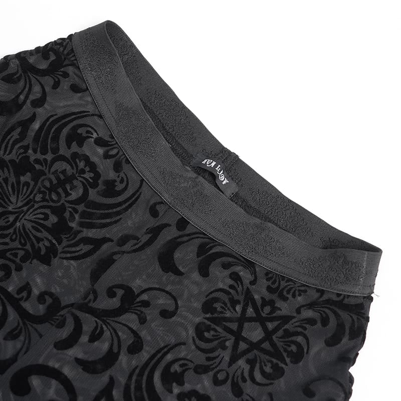 EVA LADY Women's Gothic Mesh Floral Pentacle Flocked Ruffled Flare Pants