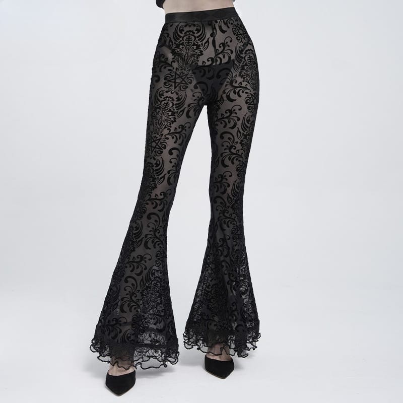 EVA LADY Women's Gothic Mesh Floral Pentacle Flocked Ruffled Flare Pants