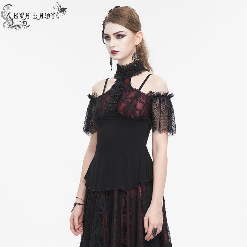 EVA LADY Women's Gothic Off Shoulder Lace Splice Shirt