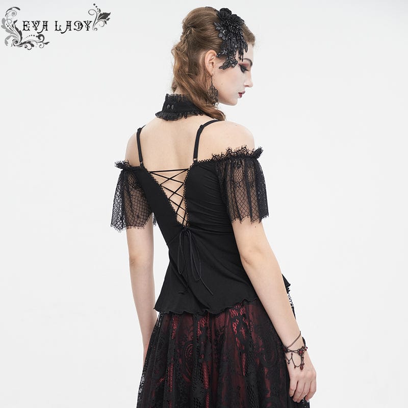 EVA LADY Women's Gothic Off Shoulder Lace Splice Shirt