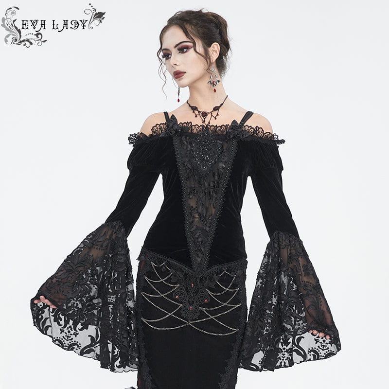 Eva Lady - Gothic Velvet Flares With Lace And Flowers Leggings EPT01101