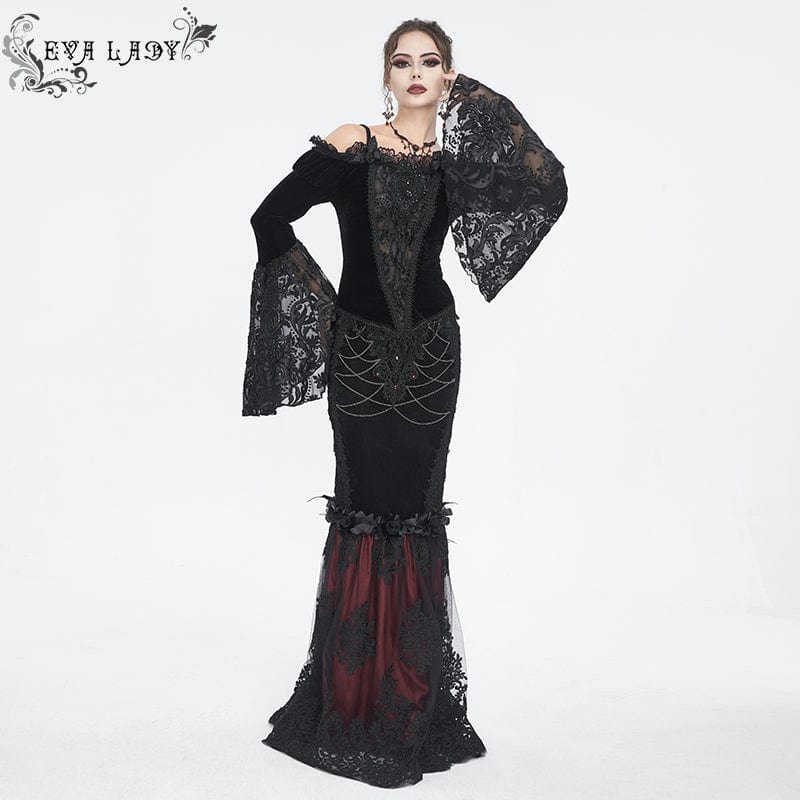 EVA LADY Women's Gothic Off Shoulder Lace Splice Velvet Shirt Black