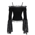 EVA LADY Women's Gothic Off Shoulder Lace Splice Velvet Shirt Black
