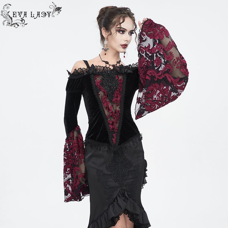 EVA LADY Women's Gothic Off Shoulder Lace Splice Velvet Shirt Red