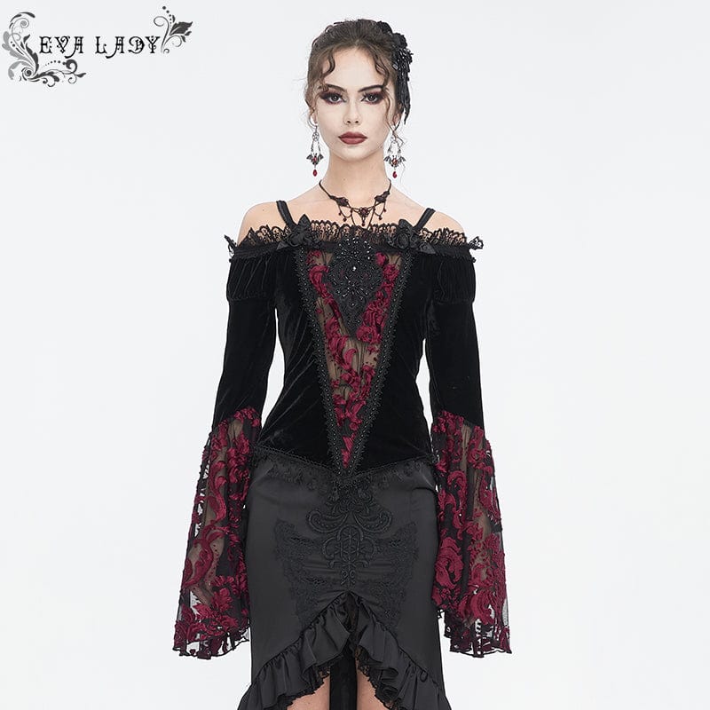 EVA LADY Women's Gothic Off Shoulder Lace Splice Velvet Shirt Red
