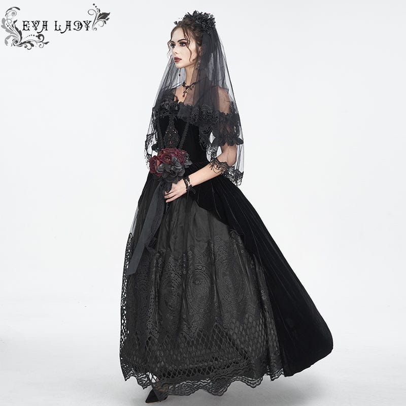 EVA LADY Women's Gothic Off Shoulder Rose Beaded Velvet Black Dress