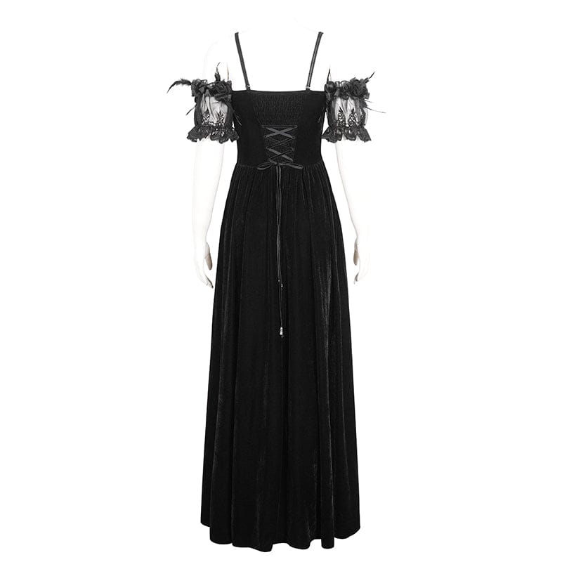 EVA LADY Women's Gothic Off Shoulder Rose Beaded Velvet Black Dress