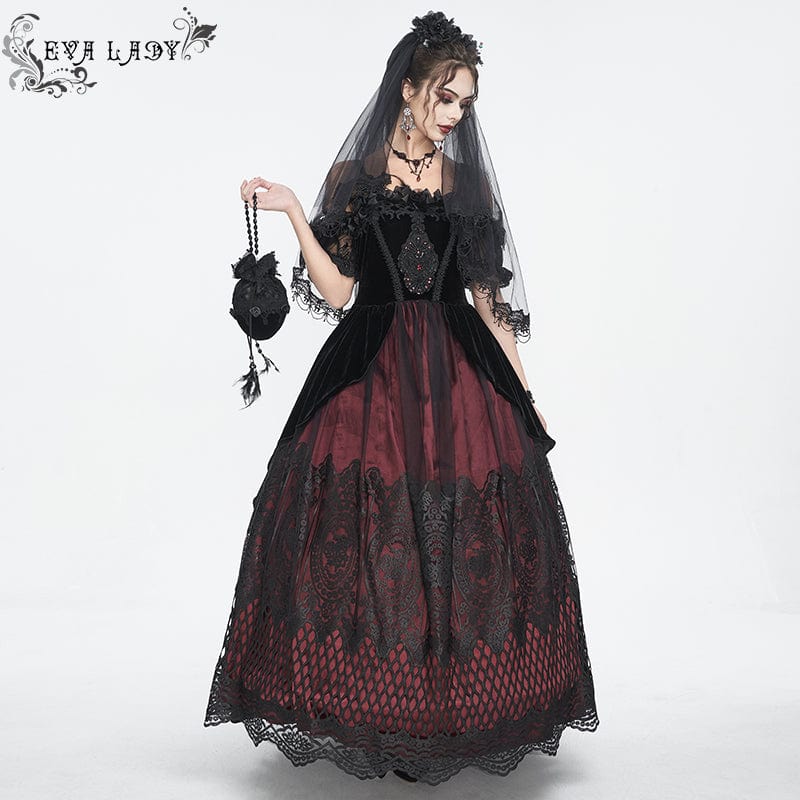 EVA LADY Women's Gothic Off Shoulder Rose Beaded Velvet Red Dress