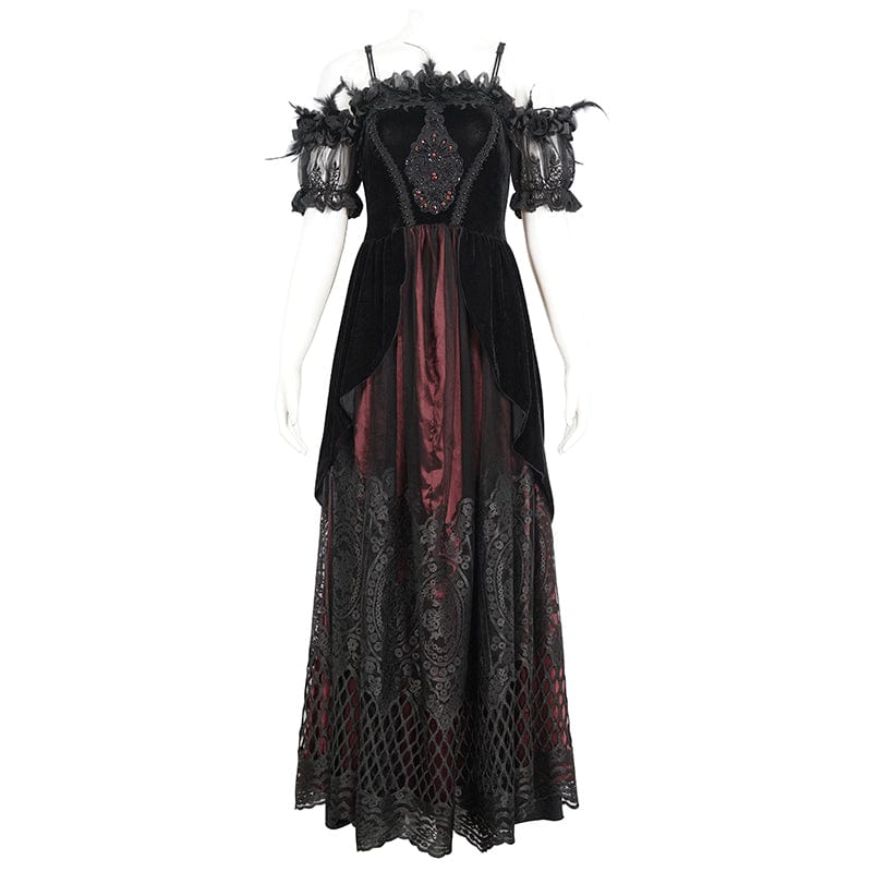 EVA LADY Women's Gothic Off Shoulder Rose Beaded Velvet Red Dress