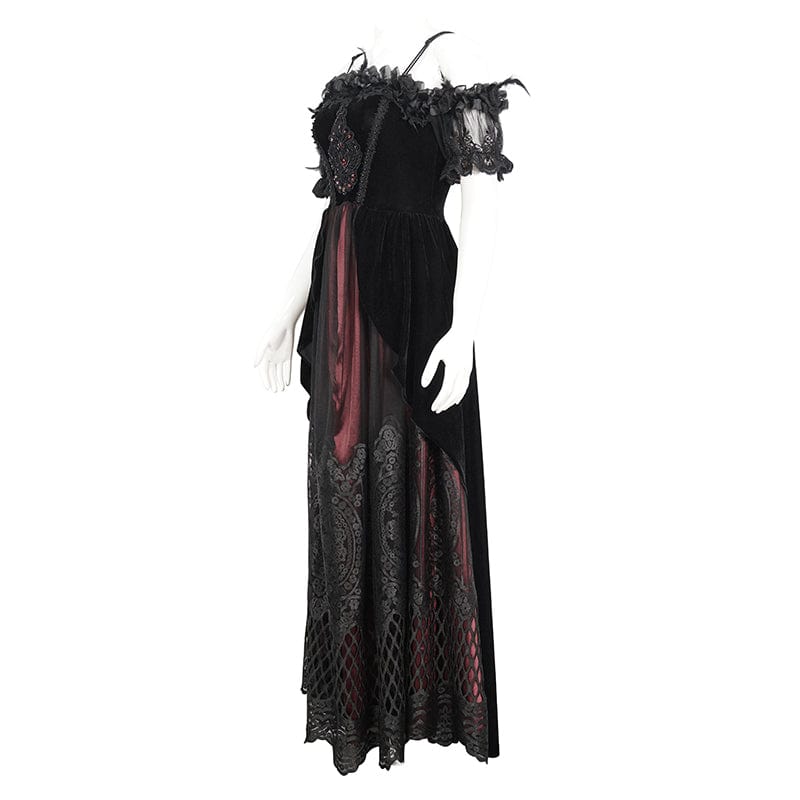 EVA LADY Women's Gothic Off Shoulder Rose Beaded Velvet Red Dress