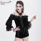 EVA LADY Women's Gothic Off-the-shoulder Ruffled Velvet Shirt Black