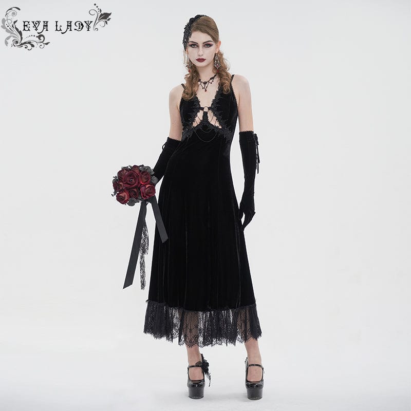 EVA LADY Women's Gothic Plunging Lace-up Lace Hem Slip Dress Black