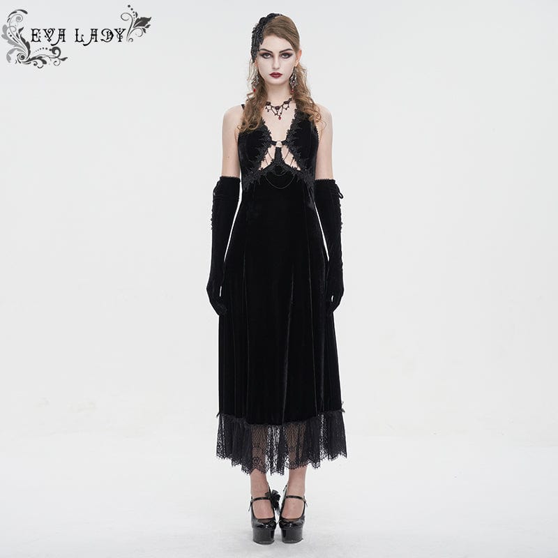 EVA LADY Women's Gothic Plunging Lace-up Lace Hem Slip Dress Black