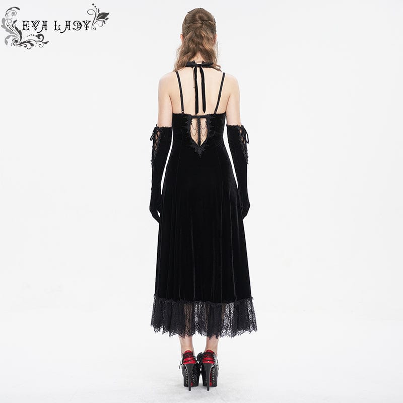 EVA LADY Women's Gothic Plunging Lace-up Lace Hem Slip Dress Black