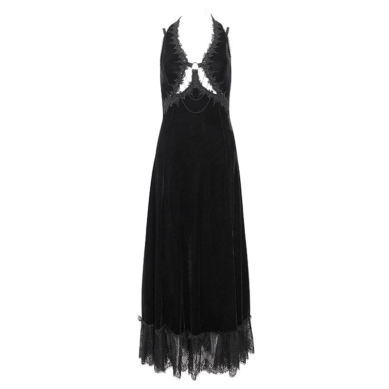 EVA LADY Women's Gothic Plunging Lace-up Lace Hem Slip Dress Black