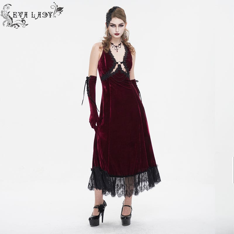 EVA LADY Women's Gothic Plunging Lace-up Lace Hem Slip Dress Red