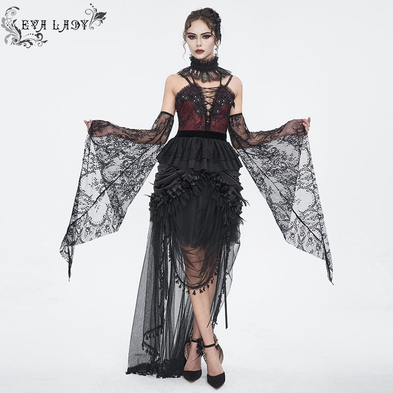 EVA LADY Women's Gothic Plunging Layered Lace Shirt with Oversleeves