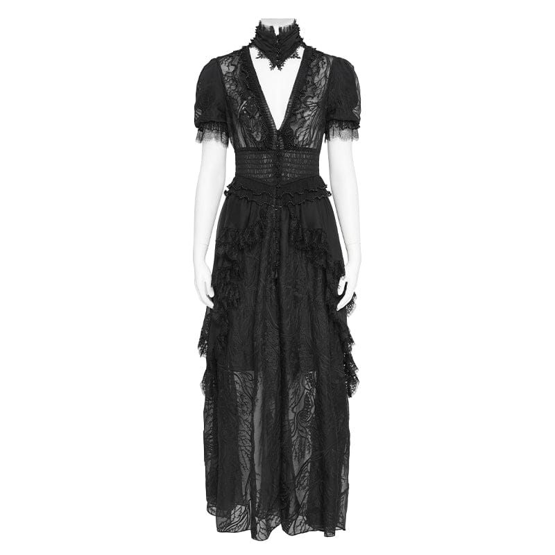 EVA LADY Women's Gothic Plunging Stand Collar Short Sleeved Maxi Dress Black