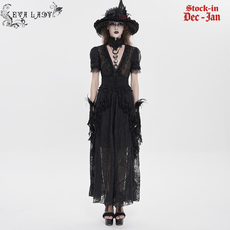 EVA LADY Women's Gothic Plunging Stand Collar Short Sleeved Maxi Dress Black