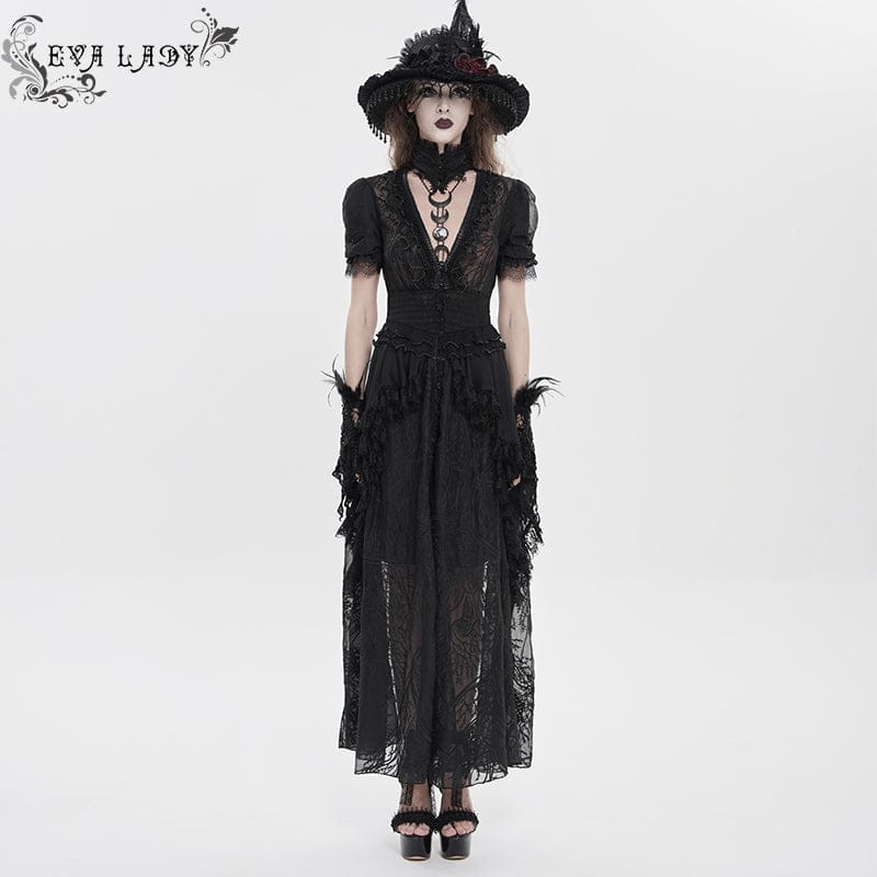 EVA LADY Women's Gothic Plunging Stand Collar Short Sleeved Maxi Dress Black