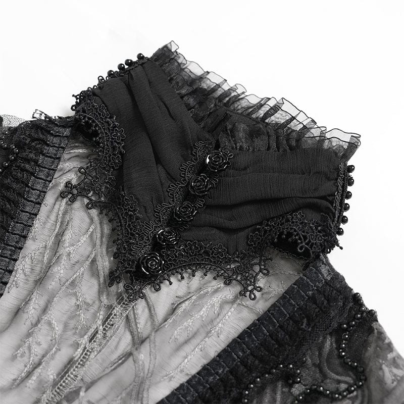 EVA LADY Women's Gothic Plunging Stand Collar Short Sleeved Maxi Dress Black-Grey