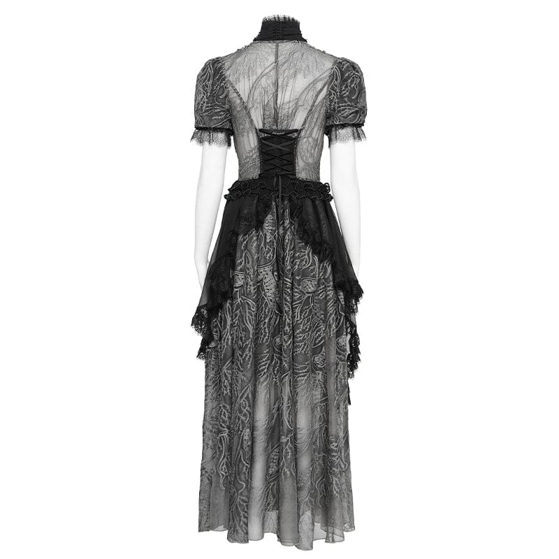 EVA LADY Women's Gothic Plunging Stand Collar Short Sleeved Maxi Dress Black-Grey