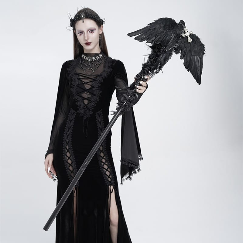 EVA LADY Women's Gothic Raven Cross Rose Chained Staff