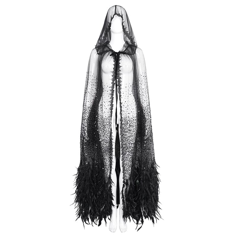 EVA LADY Women's Gothic Rhinestone Feather Cape with Hood