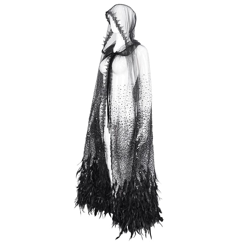 EVA LADY Women's Gothic Rhinestone Feather Cape with Hood