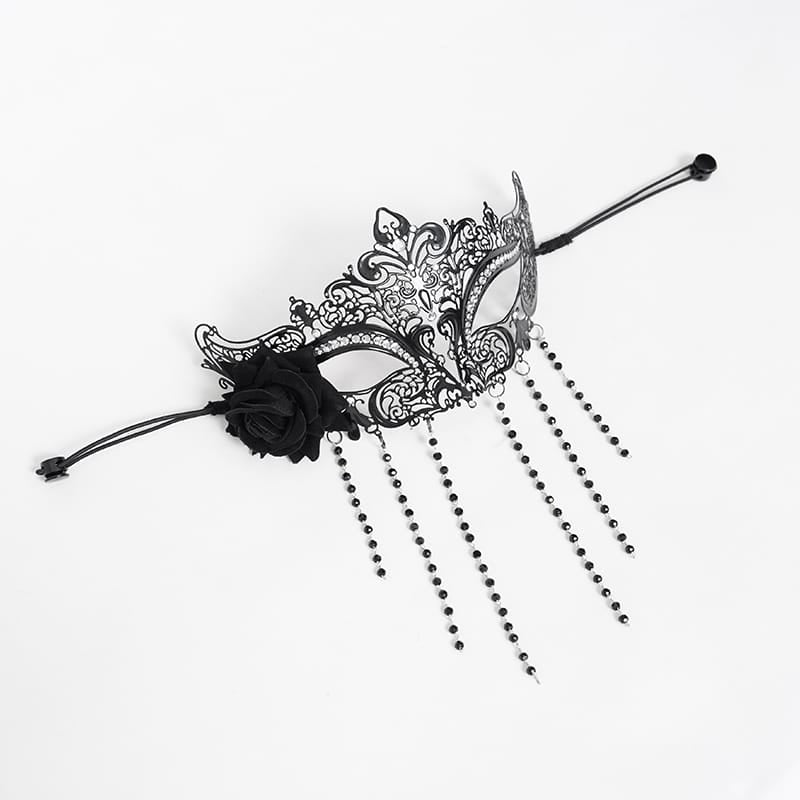 EVA LADY Women's Gothic Rose Beaded Fringe Cutout Mask Black