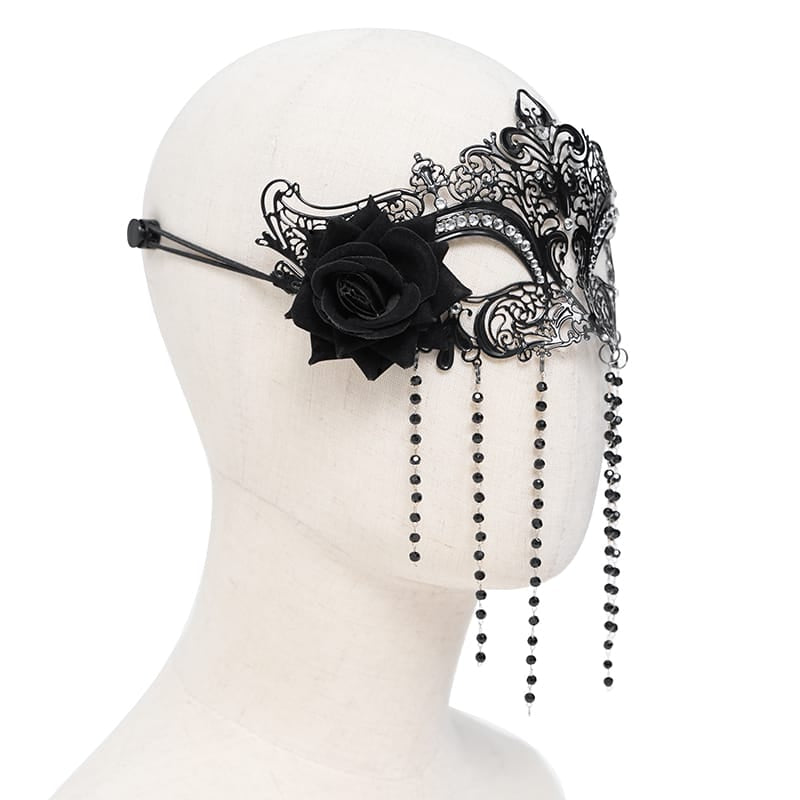EVA LADY Women's Gothic Rose Beaded Fringe Cutout Mask Black