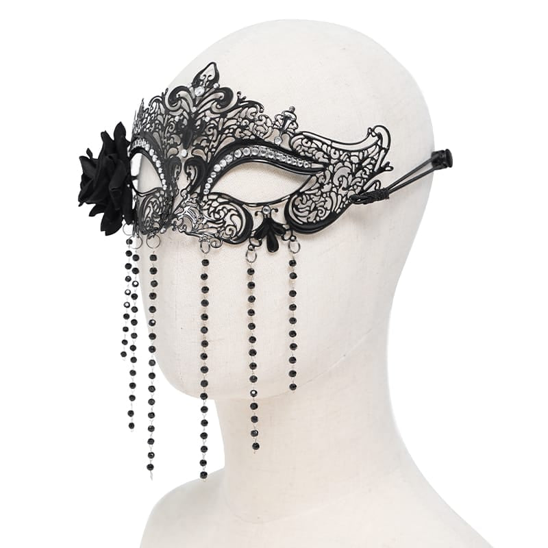 EVA LADY Women's Gothic Rose Beaded Fringe Cutout Mask Black