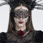 EVA LADY Women's Gothic Rose Beaded Fringe Cutout Mask Black