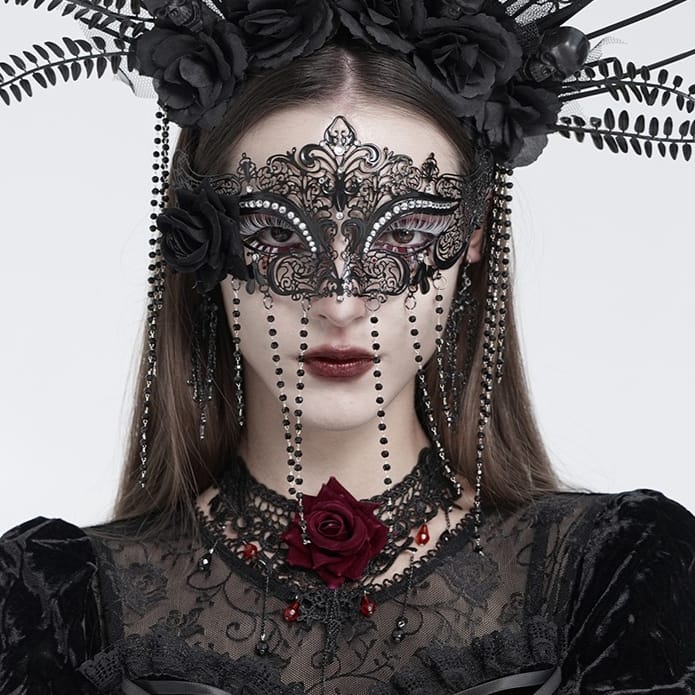 EVA LADY Women's Gothic Rose Beaded Fringe Cutout Mask Black
