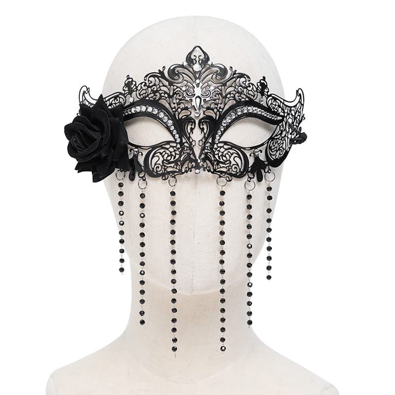 EVA LADY Women's Gothic Rose Beaded Fringe Cutout Mask Black