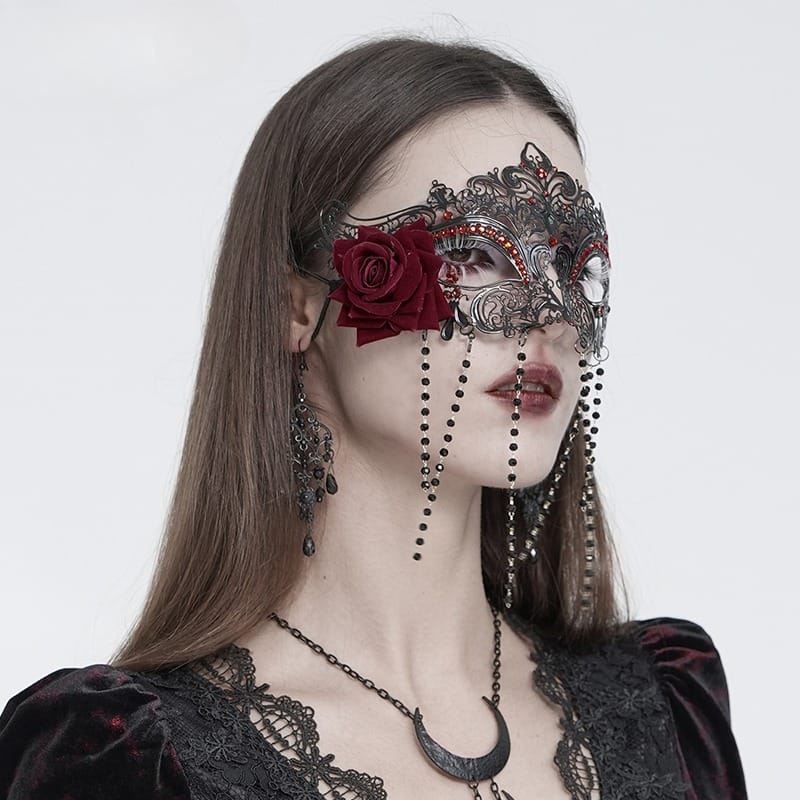 EVA LADY Women's Gothic Rose Beaded Fringe Cutout Mask Black-Red