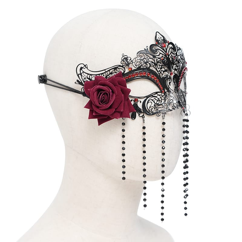 EVA LADY Women's Gothic Rose Beaded Fringe Cutout Mask Black-Red