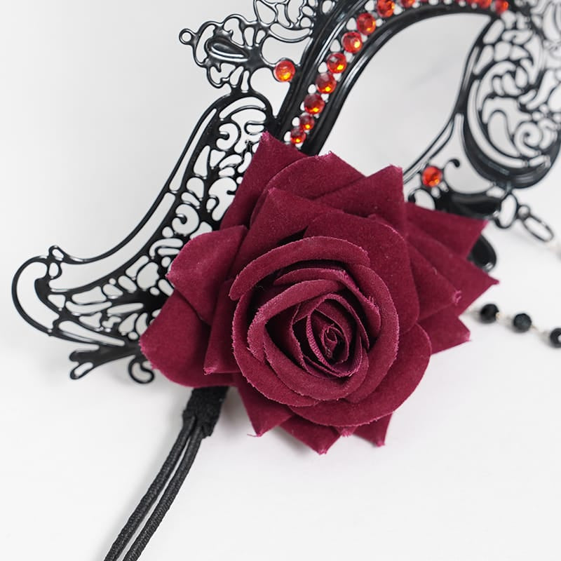 EVA LADY Women's Gothic Rose Beaded Fringe Cutout Mask Black-Red
