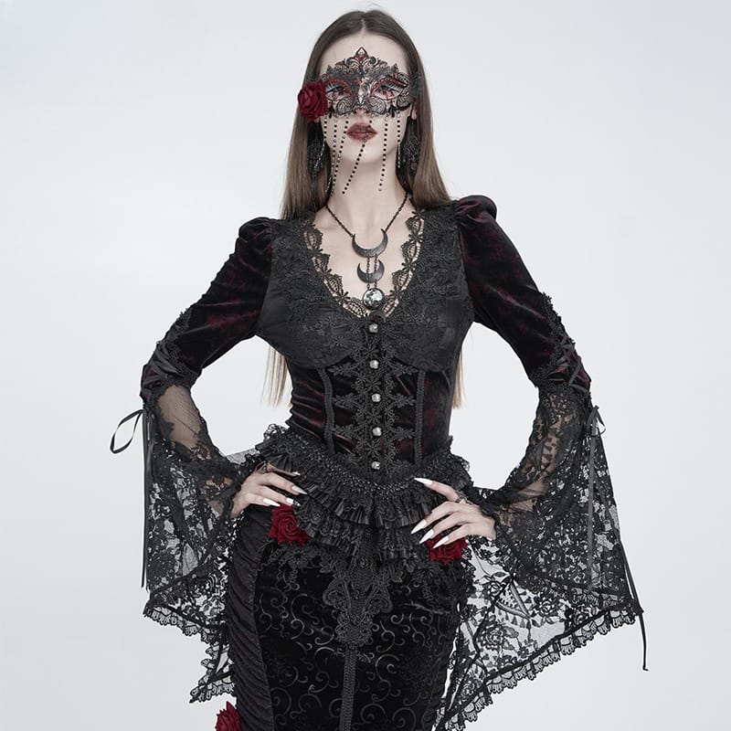 EVA LADY Women's Gothic Rose Beaded Fringe Cutout Mask Black-Red