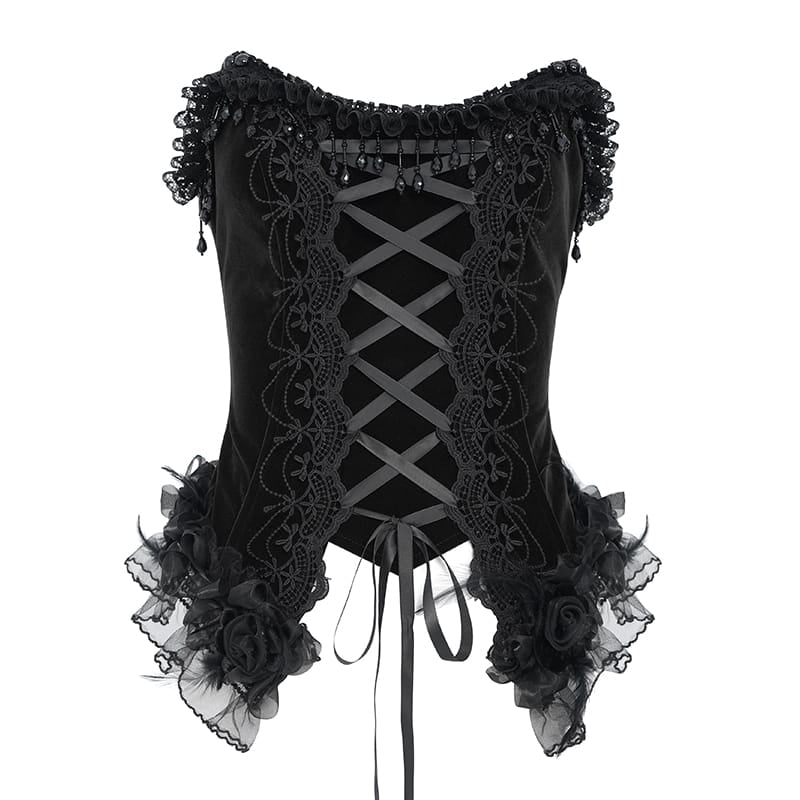 EVA LADY Women's Gothic Rose Beaded Tassel Lace Mesh Trim Lace‑up Overbust Corset Black