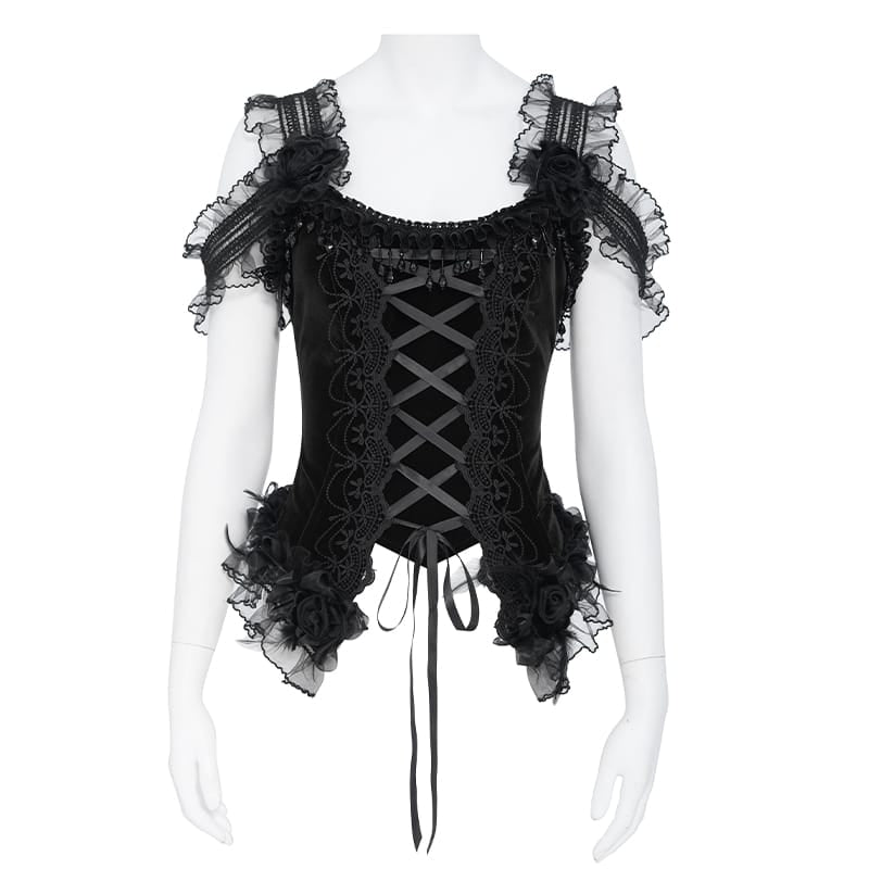 EVA LADY Women's Gothic Rose Beaded Tassel Lace Mesh Trim Lace‑up Overbust Corset Black