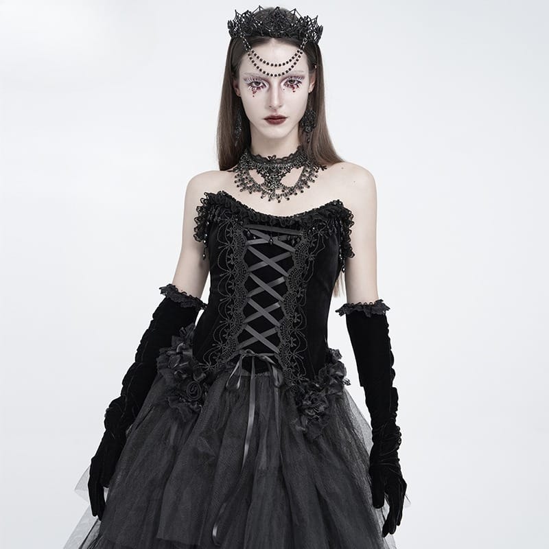EVA LADY Women's Gothic Rose Beaded Tassel Lace Mesh Trim Lace‑up Overbust Corset Black