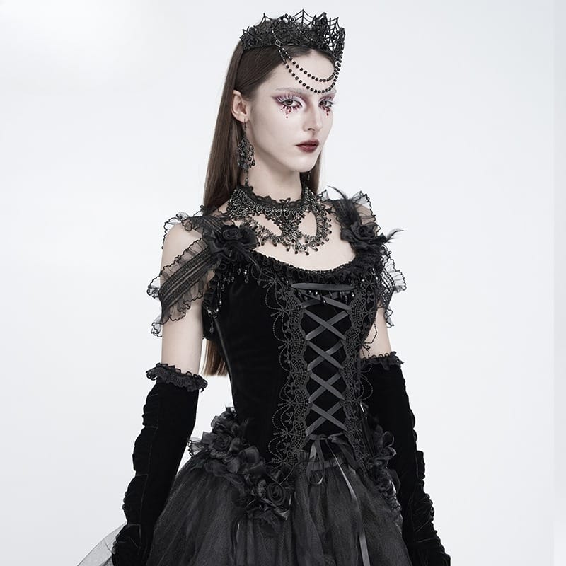 EVA LADY Women's Gothic Rose Beaded Tassel Lace Mesh Trim Lace‑up Overbust Corset Black