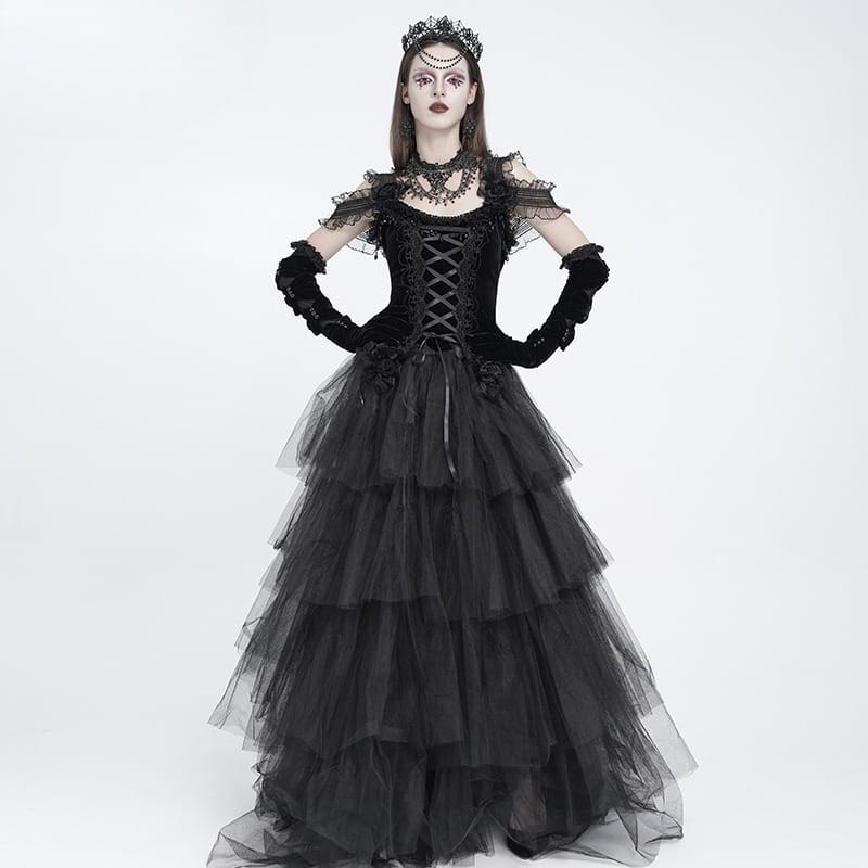EVA LADY Women's Gothic Rose Beaded Tassel Lace Mesh Trim Lace‑up Overbust Corset Black
