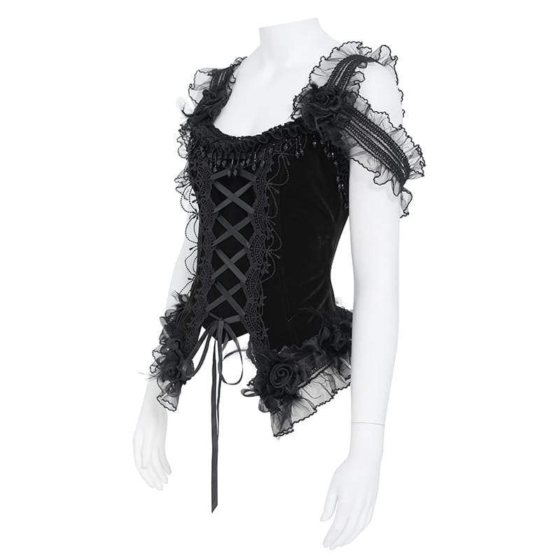 EVA LADY Women's Gothic Rose Beaded Tassel Lace Mesh Trim Lace‑up Overbust Corset Black