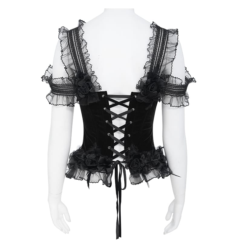 EVA LADY Women's Gothic Rose Beaded Tassel Lace Mesh Trim Lace‑up Overbust Corset Black