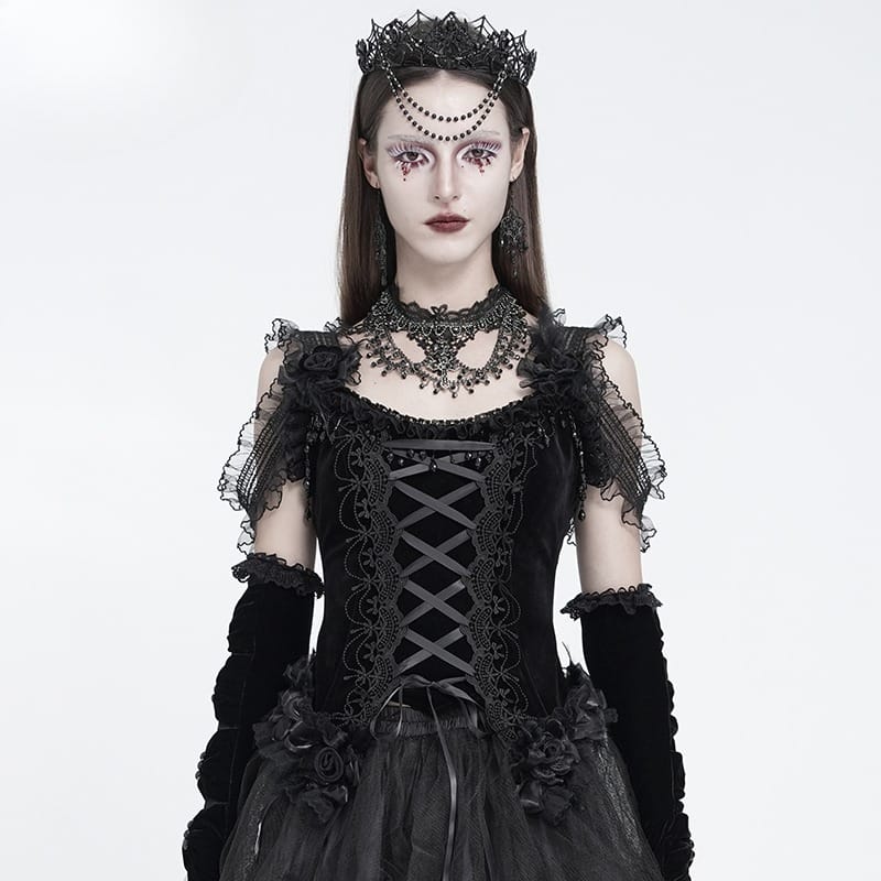 EVA LADY Women's Gothic Rose Beaded Tassel Lace Mesh Trim Lace‑up Overbust Corset Black