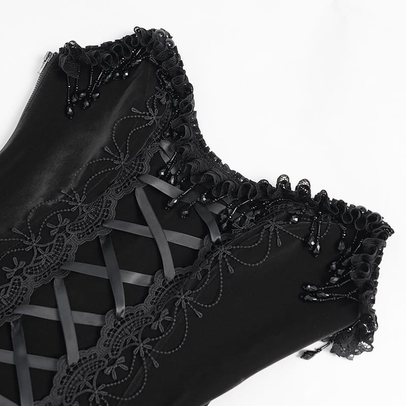 EVA LADY Women's Gothic Rose Beaded Tassel Lace Mesh Trim Lace‑up Overbust Corset Black